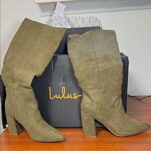 Lulu's Olive Green Suede Knee-High Heeled Boots